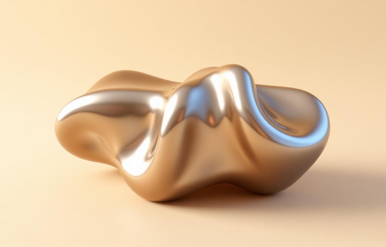 Chrome liquid metal sculpture on a beige paper background