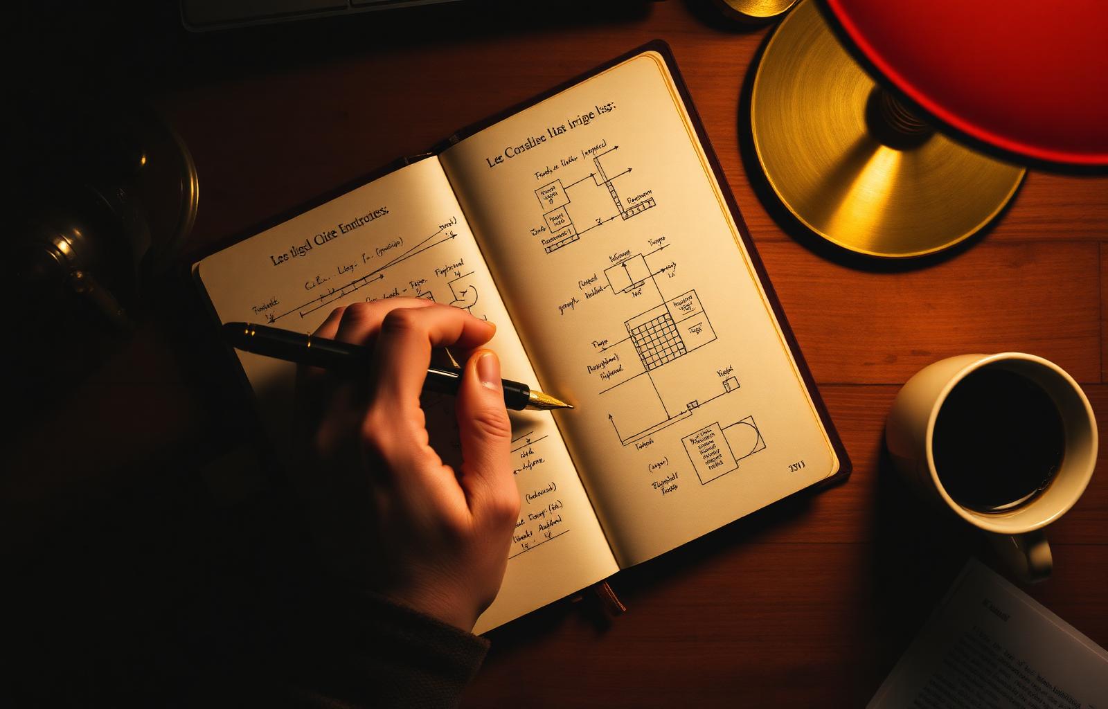 A hand sketching diagrams in a leather notebook under warm lamp light