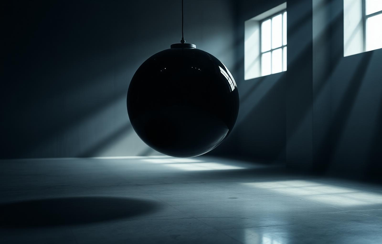 Black sculptural orb suspended in a concrete room